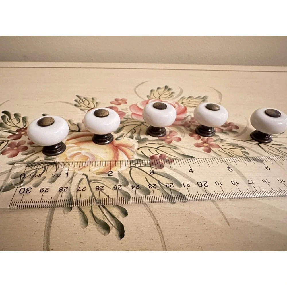 Set of 5 Vintage White Porcelain & Brass Knobs/Pulls~Attic‎ Find~Mushroom Shaped